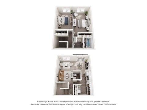 Two images of a small apartment layout with a kitchen, living room, and bedroom.